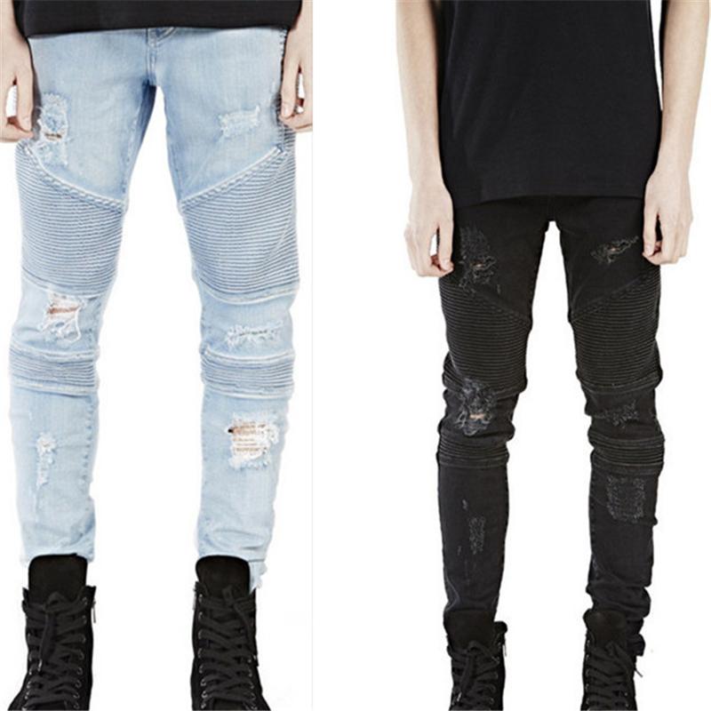 

mens denim jeans skinny slim elastic denim pants fashion bike ripped hole black jean for men trouser solid clothing size 28-38, Blue