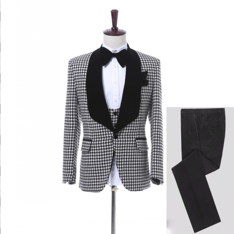 

New Fashion Houndstooth Groom Tuxedos Groomsmen Blazer Excellent Men Business Formal Prom Party Suit Customize(Jacket+Pants+Tie+Vest) NO;937, Same as image