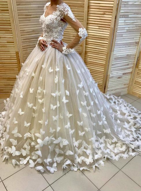 

Speranza Couture 2020 Wedding Dresses with Flowers And Butterflies in Cathedral Train Arabic Middle East Church Long Sleeves Wedding Gown, Same as image