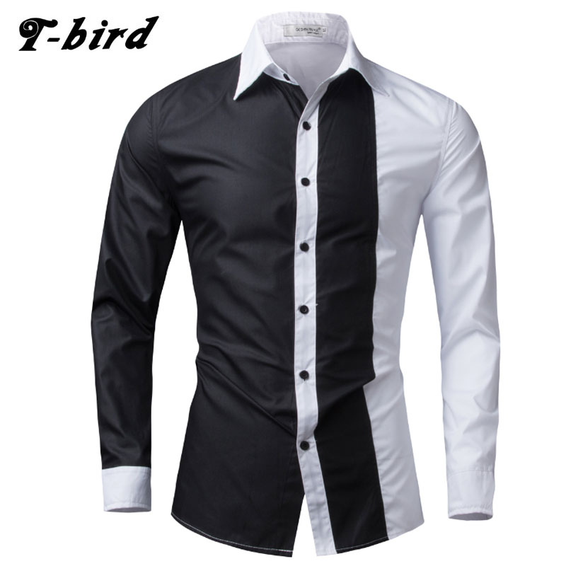 

T-Bird 2017 Fashion Brand Men Shirt Black White Dress Shirt Long Sleeve Slim Fit Camisa Masculina Casual Male Hawaiian Shirts, Black and blue