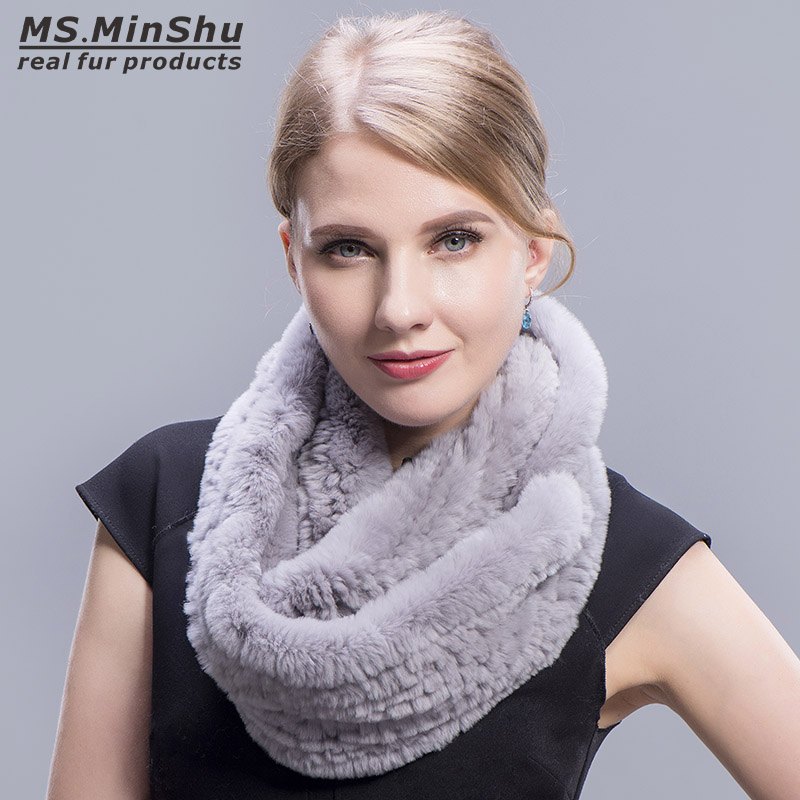 

Genuine Rex Rabbit Fur Scarf Loop type Hand Knit Infinite Scarves Women Real Rabbit Fur Shawl Ms.MinShu, Blue;gray