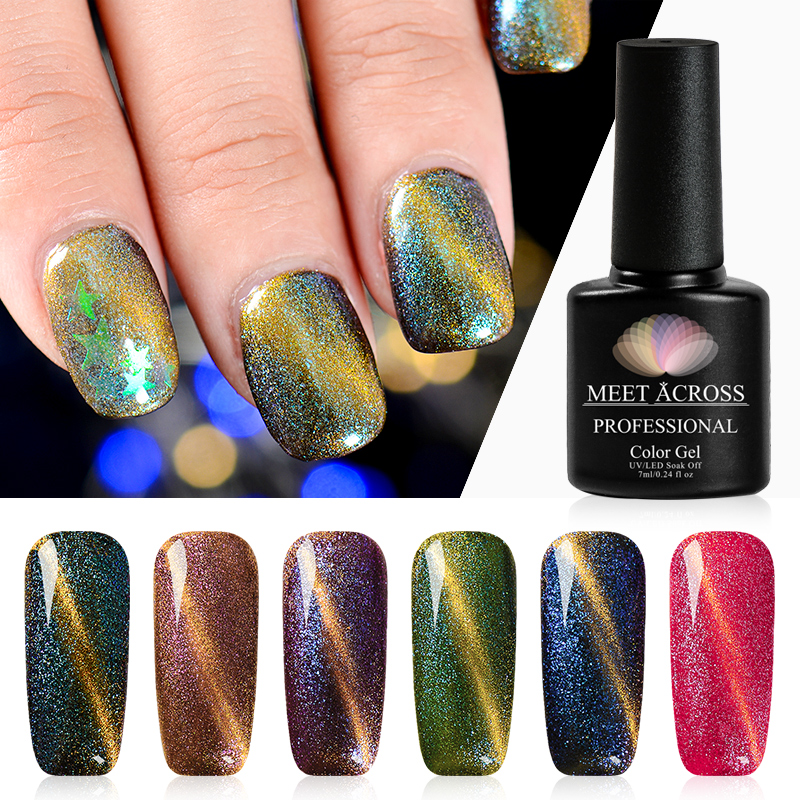 

MEET ACROSS Holographic Glitter Magnetic Gel Magnet Cat Eye Laser Nails Gel Polish Soak Off UV LED Varnish Nail Art Lacquer, W3117