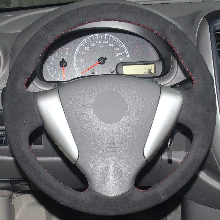 All Black Suede Hand-stitched Car Steering Wheel Cover for Nissan Tiida Sylphy Sentra Versa Note 2014-2017-image-430992360