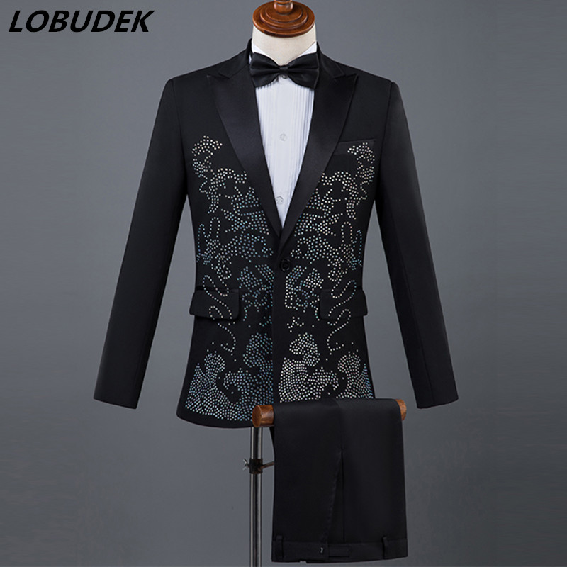 

Black White Sparkly Crystals Jacket Men' Suits Adult Costume Male singer Chorus stage outfit Prom Compere Master for Wedding Host costumes