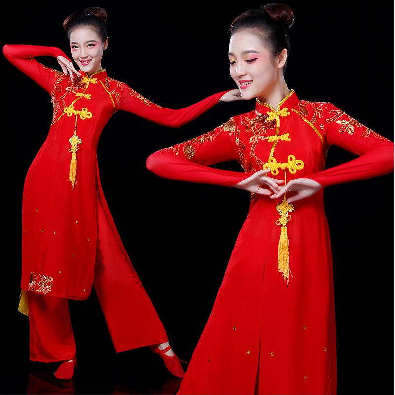 

Elegant national fan dance stage wear ancient Yangko Dress Traditional Chinese classical dancing Costumes Oriental festival performance clothing, Red