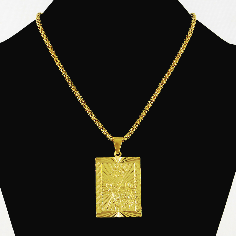 

Men's Boy's Fashion Hiphop Jewelry 24K Pure Gold Color Square Pendants Necklace Vintage Gold Plating Necklaces Popcorn Chain