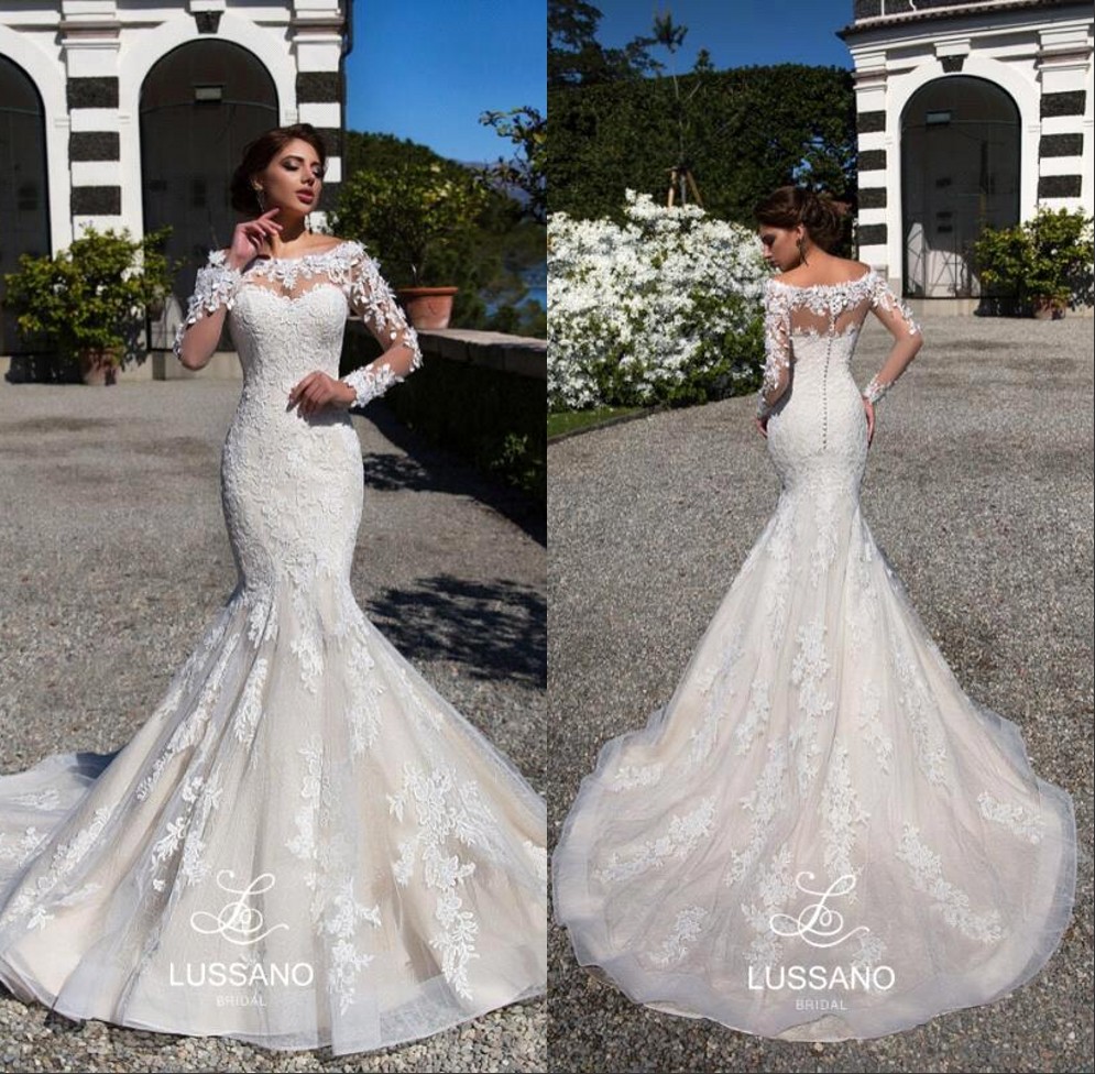 

New Vintage Lace Mermaid Wedding Dresses Illusion Long Sleeves Appliques Sexy Bridal Gowns Covered Button, Pink