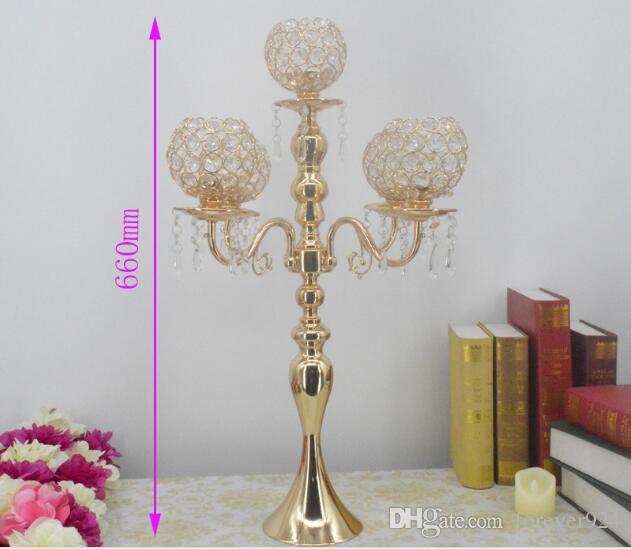 

New arrival 5-arms crystal candelabra gold silver candlestick metal tall candle holder wedding decoration table centerpiece 66cm height