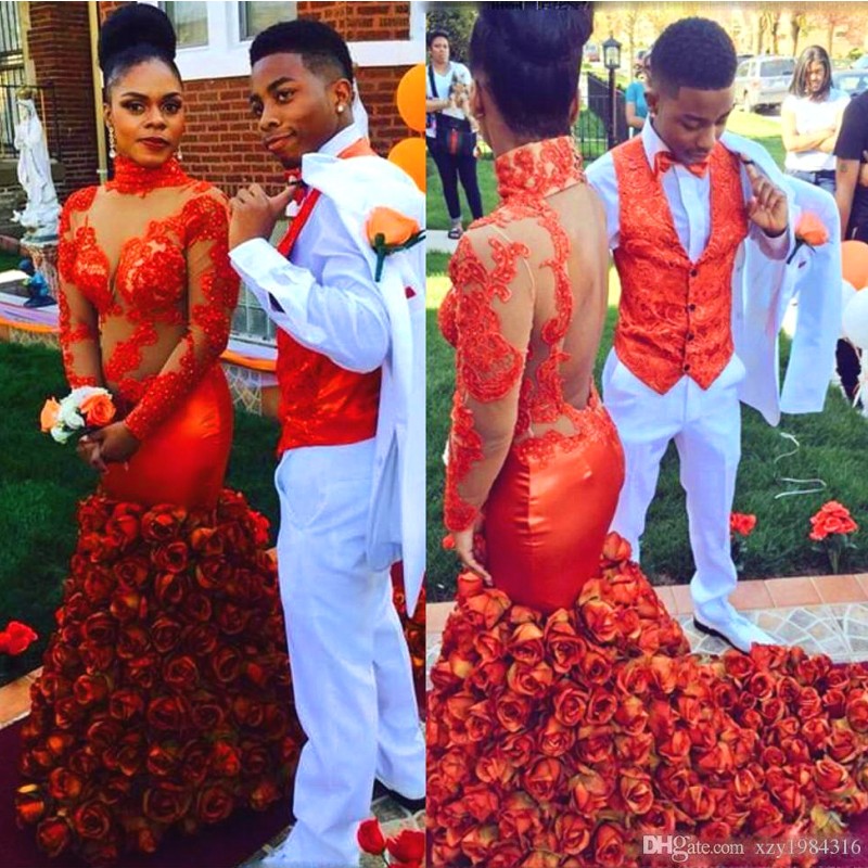 

Fashion High Neck Prom Dress Lace Applique Long Sleeves Prom Dresses 2018 African Sexy Backless Mermaid Evening Dress Party Gowns, Black