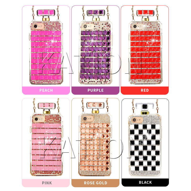 

Luxury Perfume Bottle Chain Rhinestore Case For Apple Iphone X 6 7 8 plus Cases Diamond Cell Phone Cases S9 S9PLUS Back Cover, Red