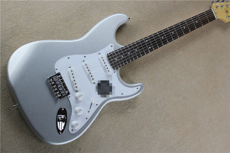 style electric guitar silver pink body white guard board rosewood fingerboard strings after threading-image-425257499