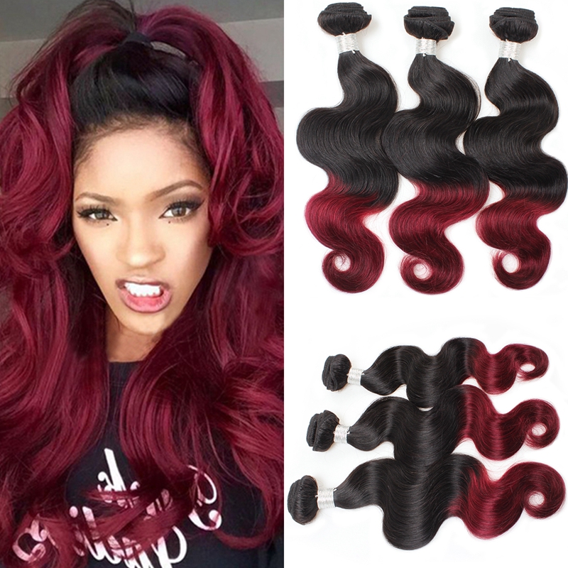 

Meetu Top Quality 12A Raw Human Hair Bundles Ombre Brazilian Body Wave Virgin Extensions 3Pcs Two Tone 1B/99J Black to Burgundy Red Remy Hair Weft Bundle, Ombre color