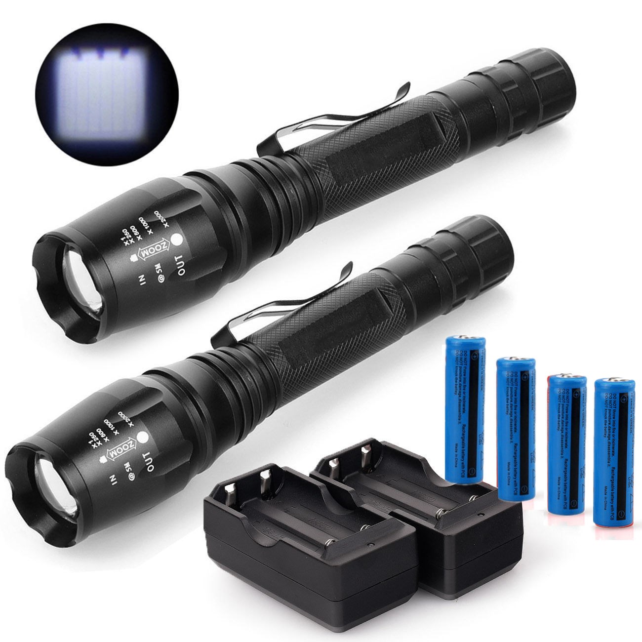 

2x Super Bright 3800LM Flashlight Zoomable Upgraded T6 Led Rechargeable Torch Tactical 4x 18650 Battery + 2pc Charger