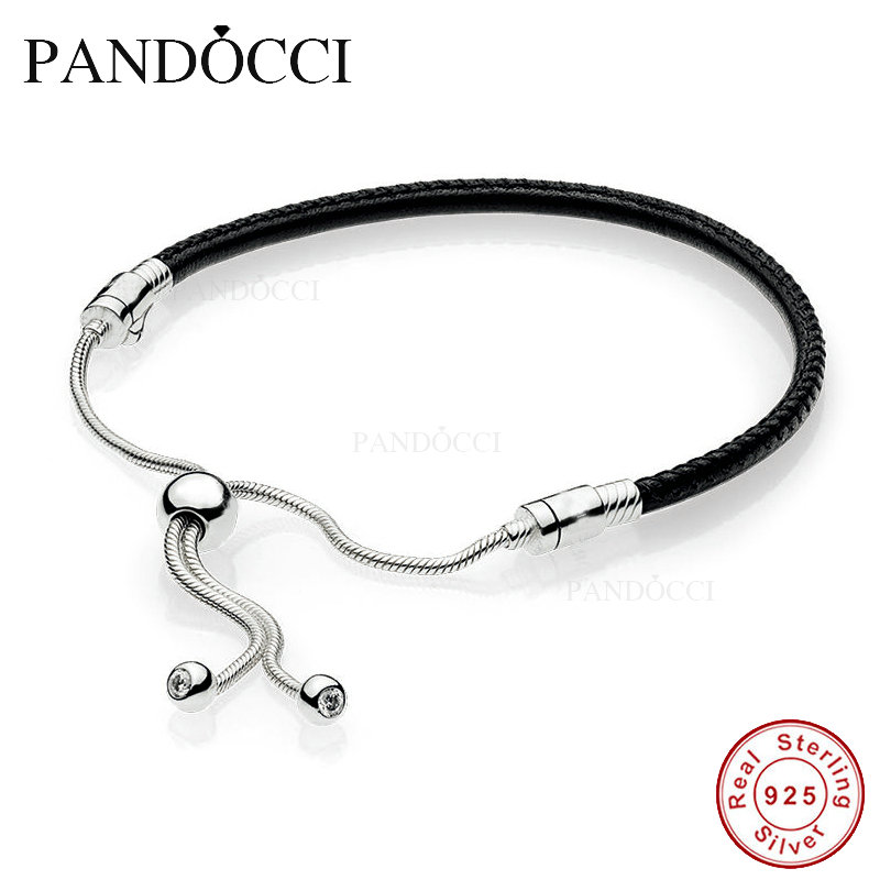 925 Sterling Silver Sliding Black Leather Bracelet Clear CZ Bracele Fits for Original Bracelets Jewelry 2018 Summer Collection