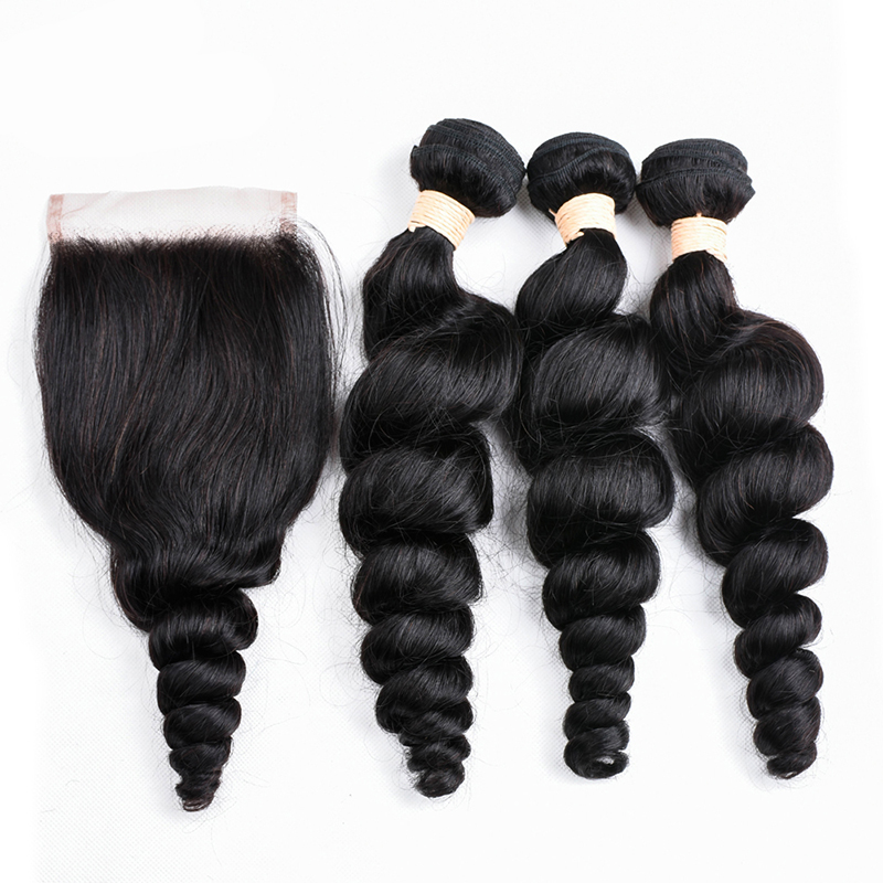

Brazilian Loose Wave Bundles with Lace Closure Brazilian Remy Human Hair Loose Wave 3 Bundles with 4x4 Lace Closure Natural Color