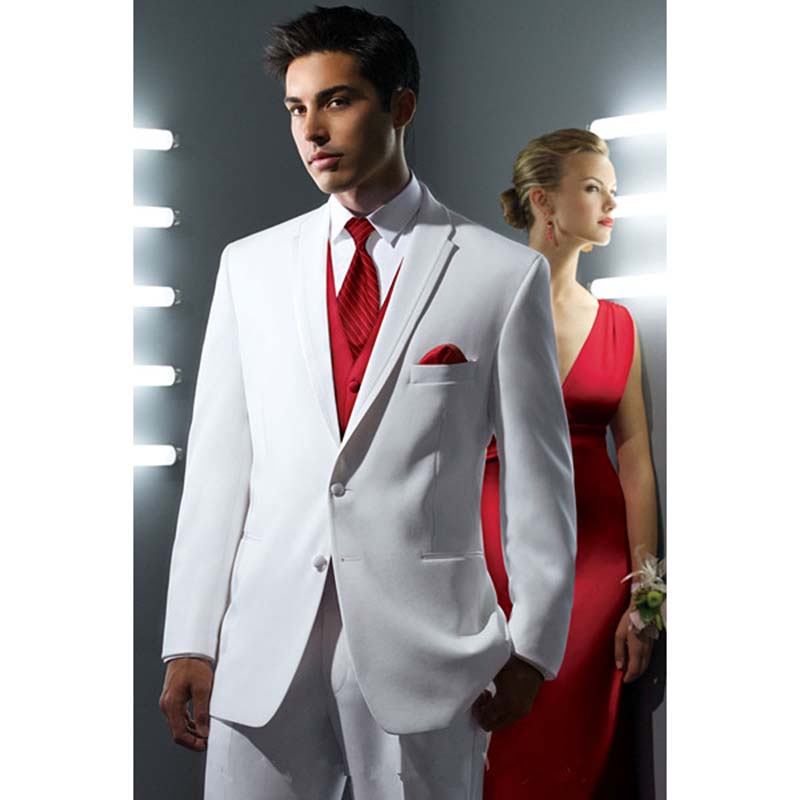 

2017 Custom Tuxedos white Men Wedding Suits Tailor Made terno slim fit Groom mens Suit With Red Tie (Jacket+Pants+Tie+Vest), Black