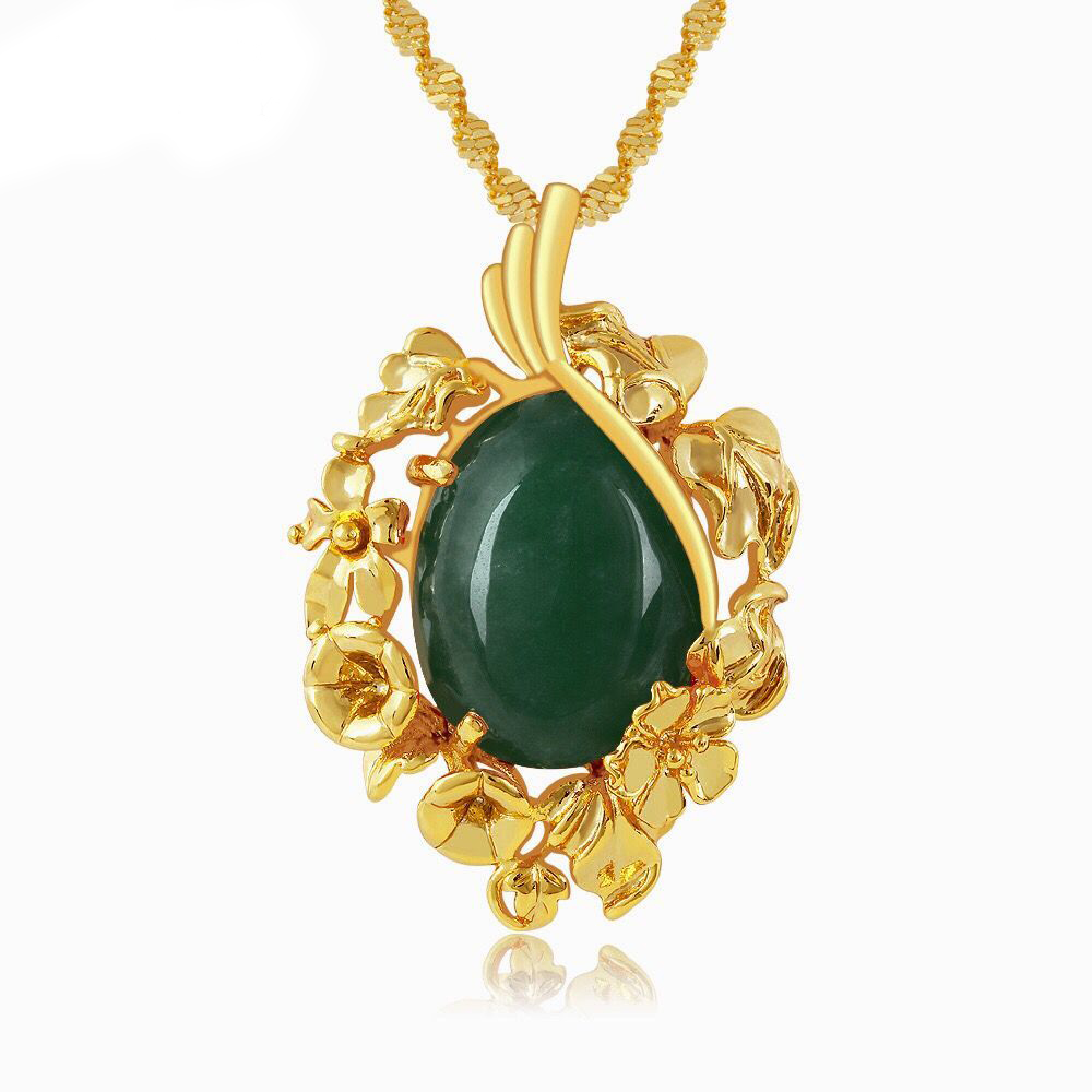 

(204P) Classic Green / Red Stone Pendants Necklace For Women Fashion Jewelry 24k Pure Gold Plated 45 cm Wave Chain