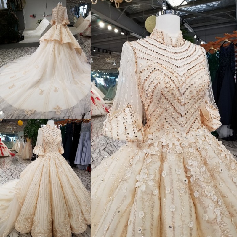 

Beauty Champagne High Neck 1/2 Sleeves Applique Beads Ball Gown Wedding Dresses Bridal Dresses Events Dresses Custom Size 6 8 10 12 W307103, Same as image