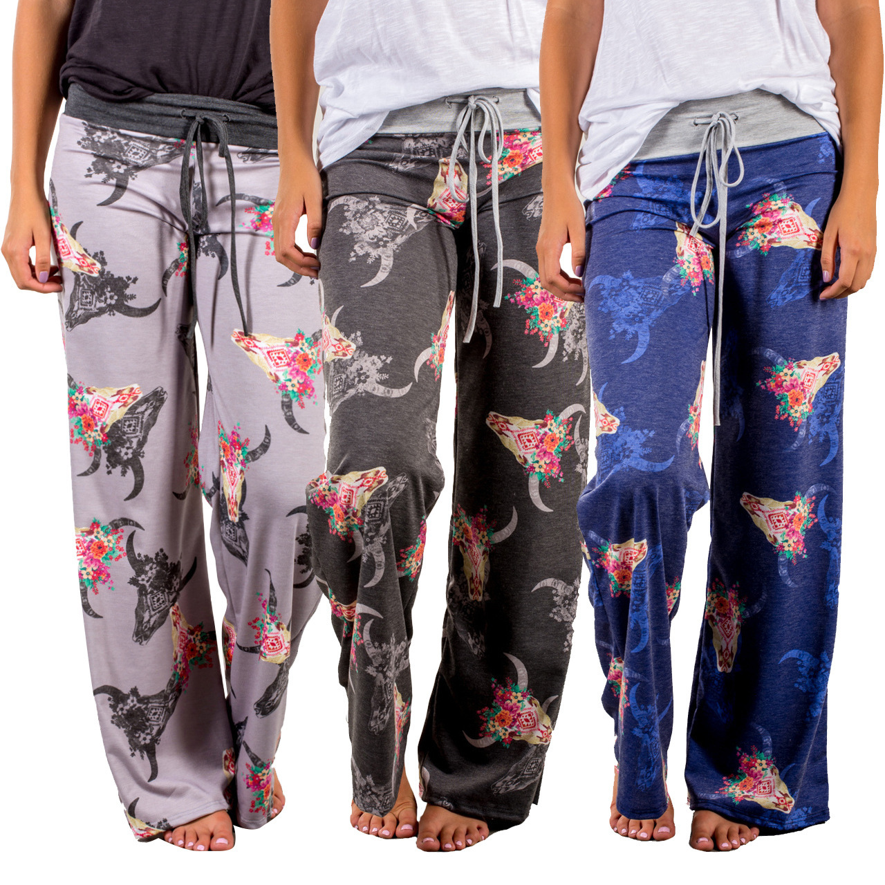 

Women bull skull long pants Wide Leg Lady Drawsting casual floral YOGA trousers flower Reindeer printed plus size long loose Pants, Blue