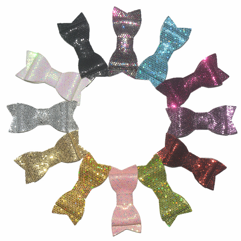 

60pc/lot 2.8" Leather Glitter Hair Bow,Leather Glitter bow with Alligator clip Christmas Headwear 12 Color, Multi