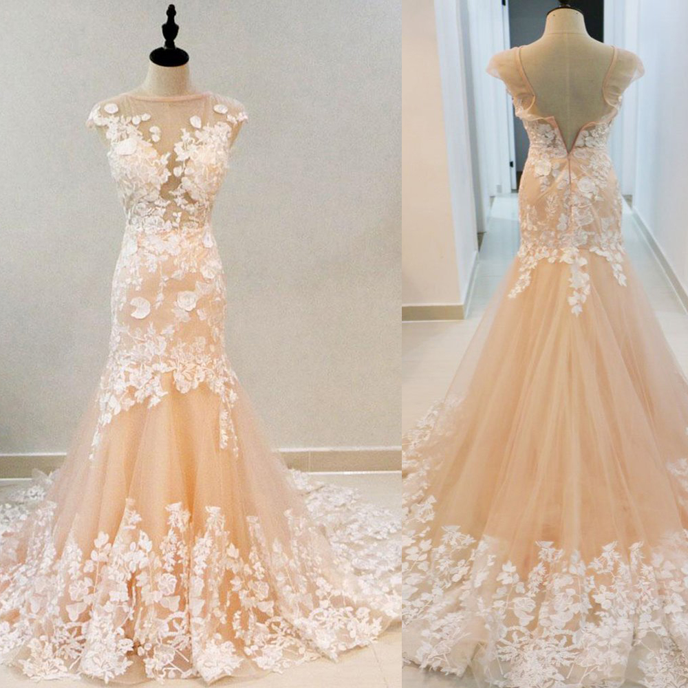 

Champagne tulle see through long mermaid Wedding dress with flower lace appliques Sexy Champagne Bridal Dress, Custom made from color chart