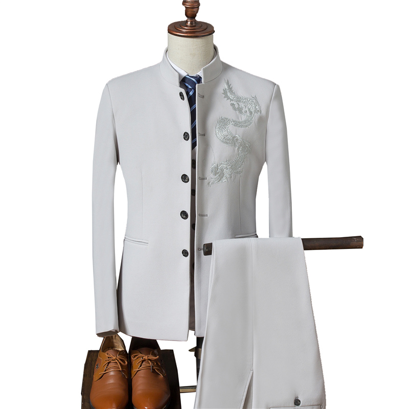 

3 Pieces Chinese Style Mens Suits China Dragon Embroidered Slim Fit Wedding Groom Suit Dress Men, Beige