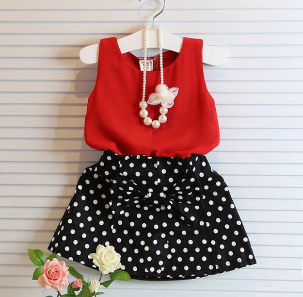 

Baby Girls Clothing Sets Summer Red Chiffon Vest+bow polka dot Skirt Outfit Children Clothing Kids Clothes Suit, As photo