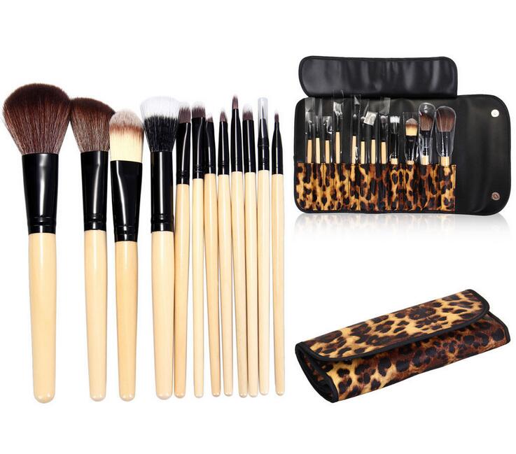 

New Professional 12PCS Makeup Brush Set Make-up Leopard velvet bag set makeup brush Wood color Make Up Brush Set Free DHL