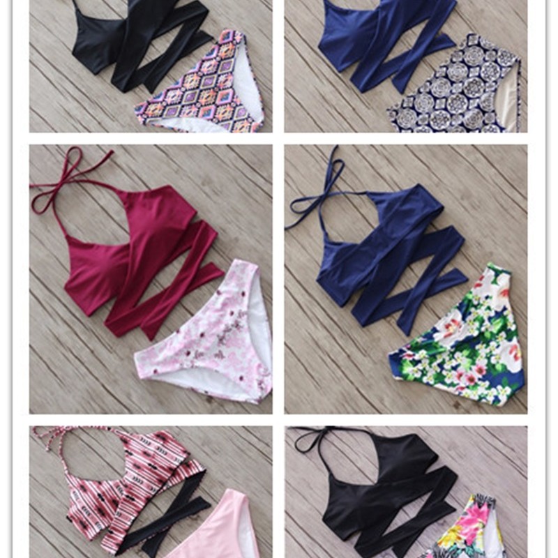 

Fashion Printing Low Waisted Bikini Set Women Overlapping Backless Swimwear Lady Backless Sexy Divided Body Bandage Swimsuit 25dd W