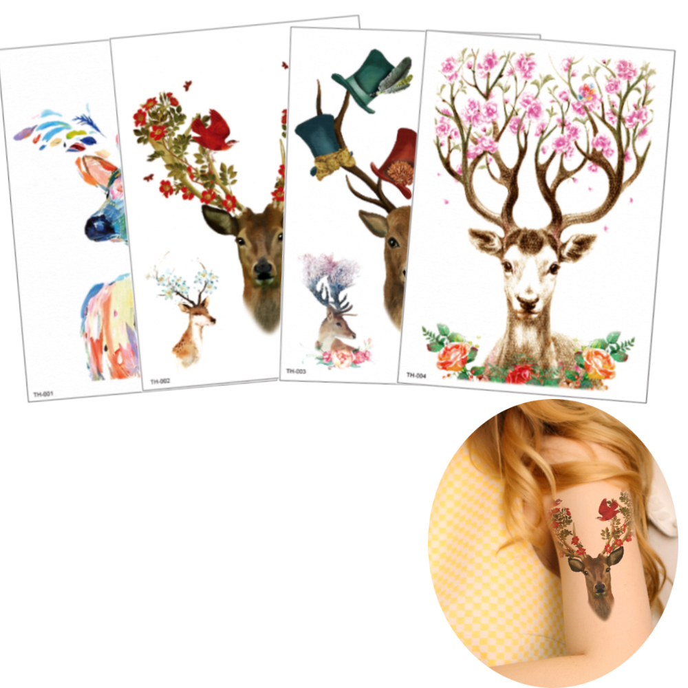 14.8x21cm Colorful Beauty Temporary Waterproof Body Art Tattoo Sticker Fake Deer Flower Bird Design for Women Men Beach Party Tattoo Sticker-image-433600429
