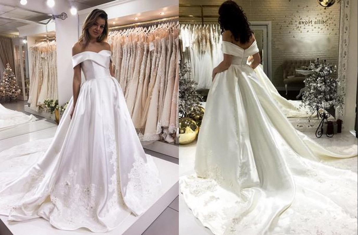 

Modest Off the shoulder Wedding Dresses A line Applique Lace Sequin Beaded With Short Sleeve V Neck Backless Chapel Train New Cheap, Gold