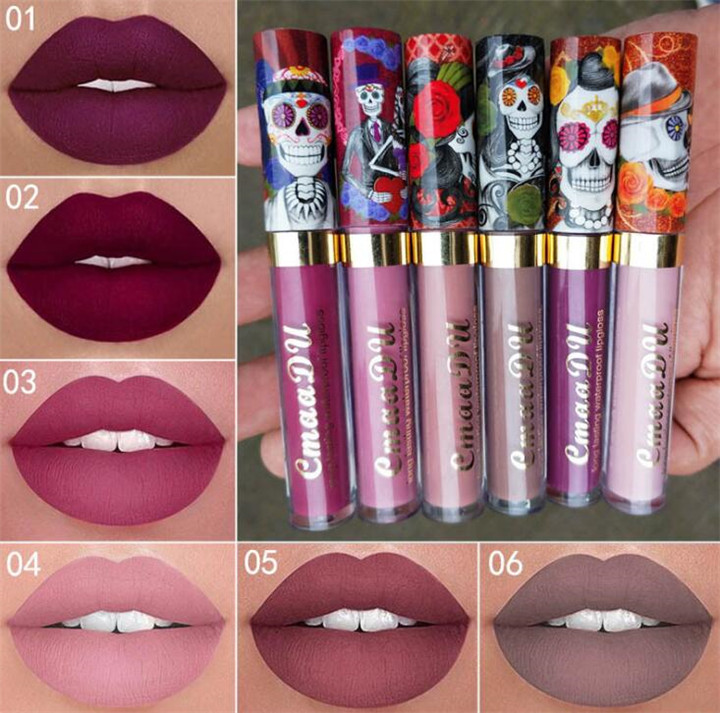 

New Makeup CmaaDu Matte 6 Colors Liquid Lipstick Waterproof and Long-lasting Skull Tupe Lipsticks Lip Make up Lipgloss