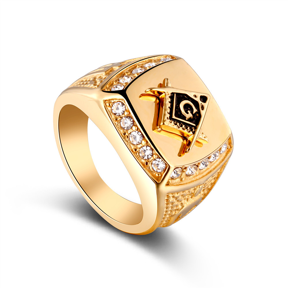 

Vintage Gold Color Signet Symbols with Crystal Masonic Cross Men Ring Freemason Male Rings