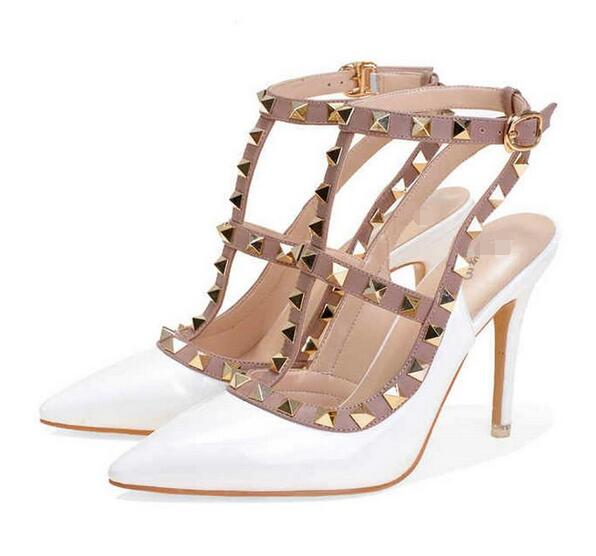

women high heels sandals wedding shoes Patent Leather rivets Sandals Women Studded Strappy Dress Shoes v high heel Shoes +logo +box, Watermelon