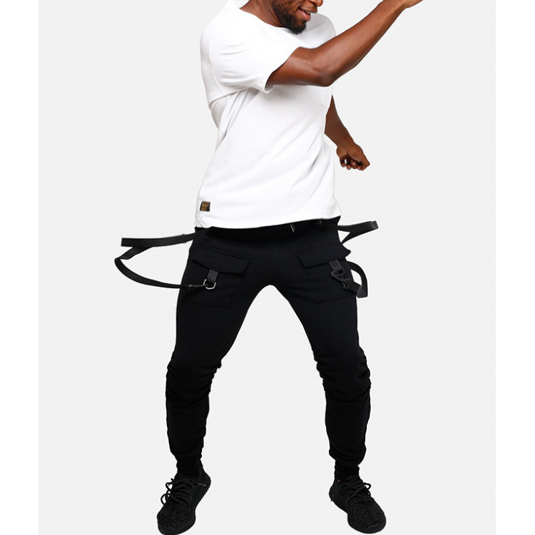 

Latest design casual harem men streetwear street dancing pants loose comfortable pocket ribbon cargo trousers jogger pants, Black