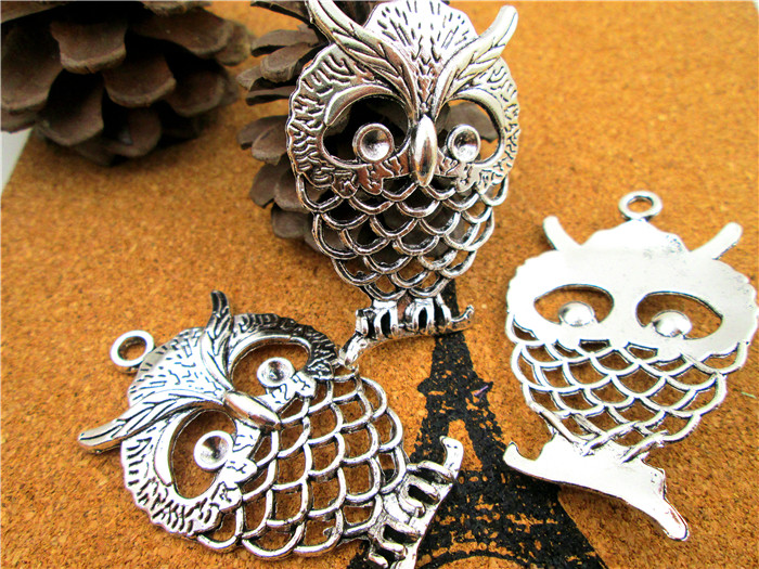 12 pièces-breloques hibou, pendentifs à breloque hibou en argent tibétain Antique de grande taille, breloque hibou pour collier 37x57mm