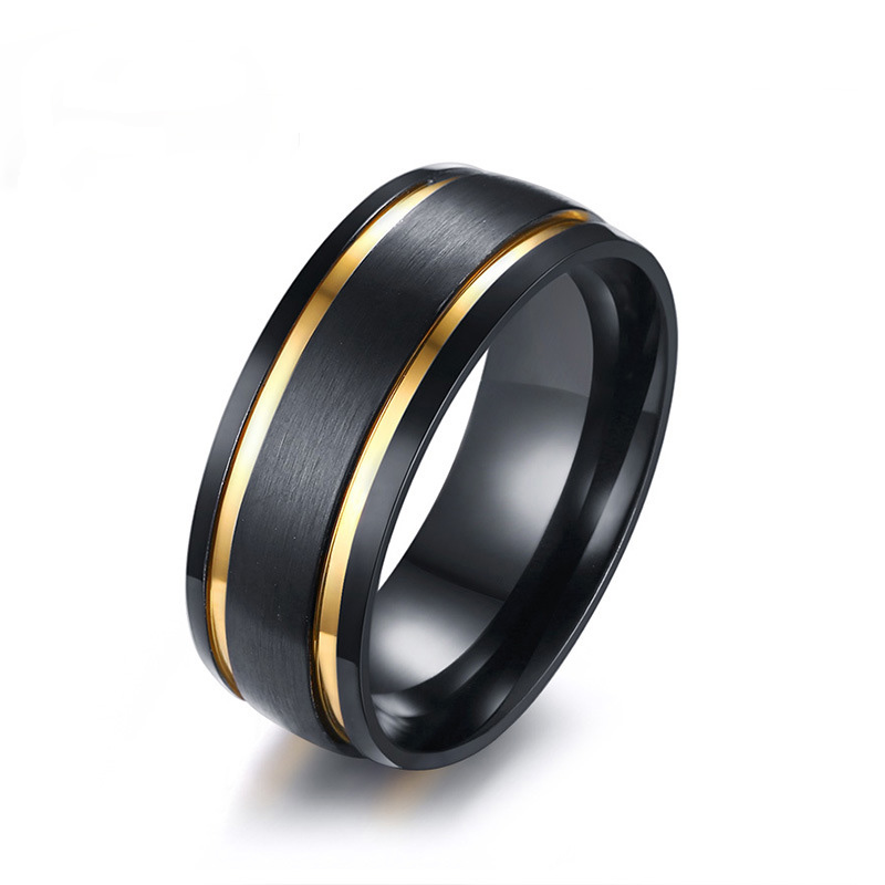 

Mens Brushed Wedding Bands Rings Stylish 8MM Gold Color Double Grooved Black Male Boy Finger Rings Gift Comfort Fit US Size 9-13