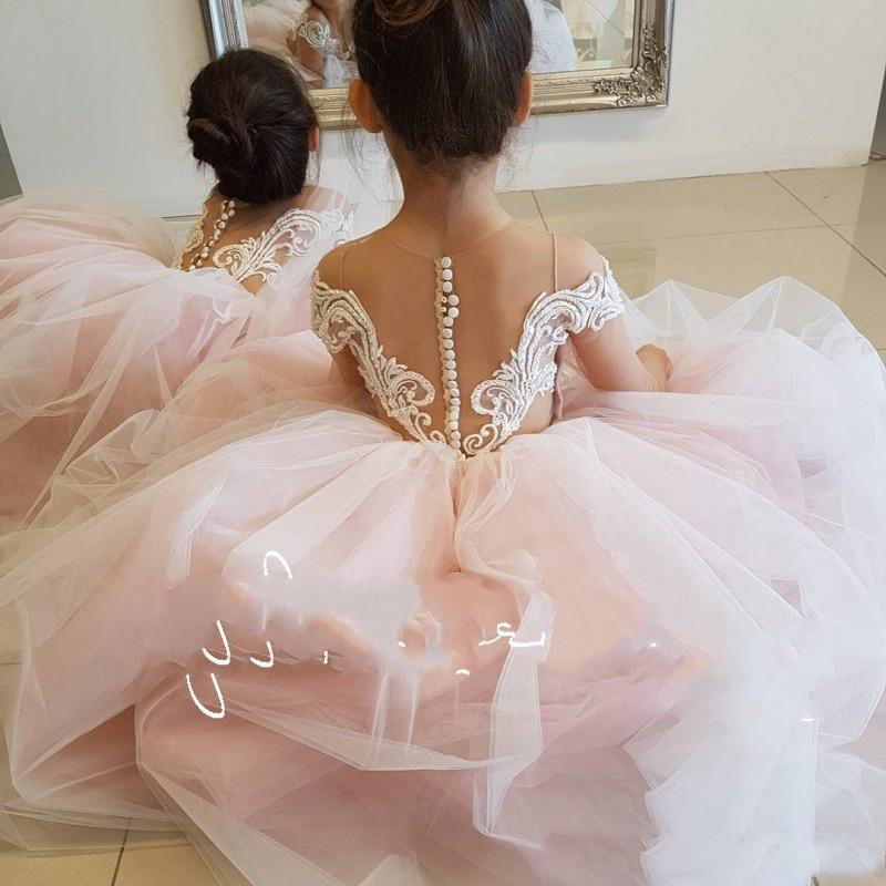 2019 Blush Rose Beauté Fleur Filles Robes pour Mariages Applique Dentelle Tulle Robe De Bal Filles Robe De Concours Fête D'anniversaire Porter