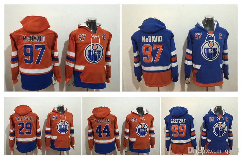 

2017 New Edmonton Oilers Pullove 97 Connor McDavid 99 Wayne Gretzky 44 Zack Kassian 29 Leon Draisaitl Stitched Hockey Jerseys Sport Hoodies, Black;red