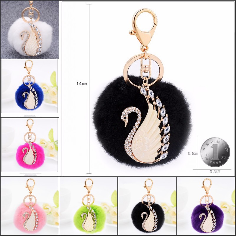 

Real Rabbit Fur Ball Plush Keychain Cute Swan Key Chain For Women Bag Charm Car Pendant Free Shipping