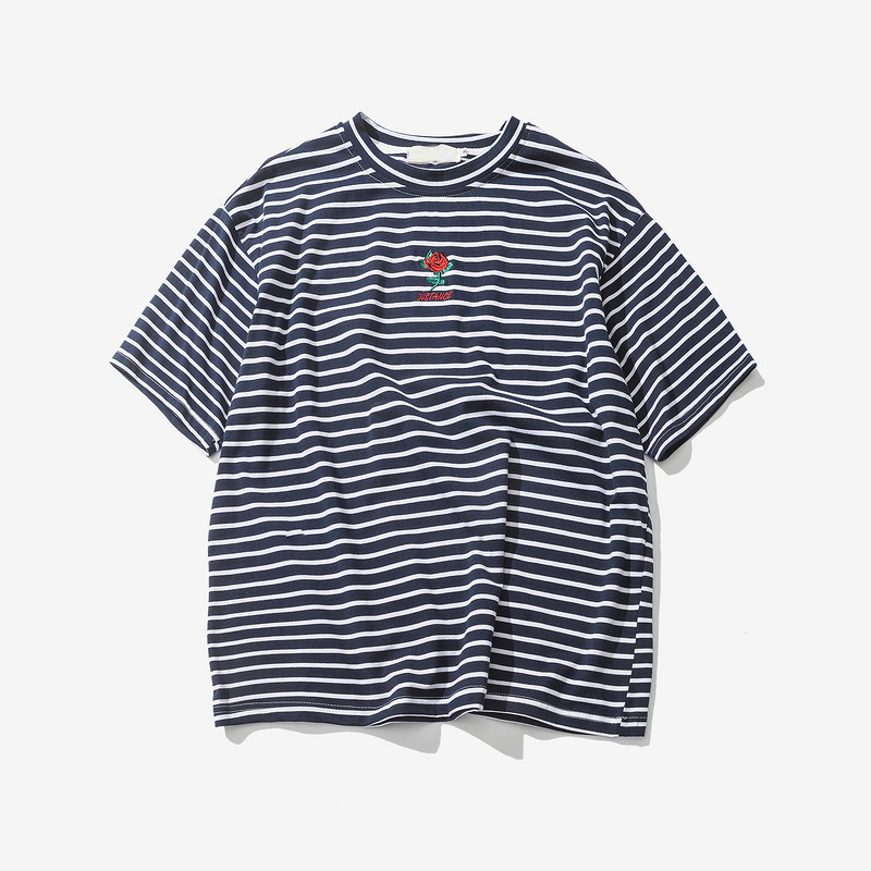 

Rose Embroidery Striped Mens T Shirt Short Sleeve Summer Hi-Street Oversized Hip Hop Tshirt Cotton Tee Shirts 2 Colors, White;black