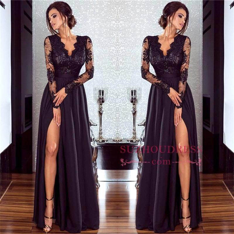 

2019 Sexy Black V Neck Sheer Long Sleeves Evening Dresses Lace Top Split A Line Party Prom Dresses BA7525, Ivory