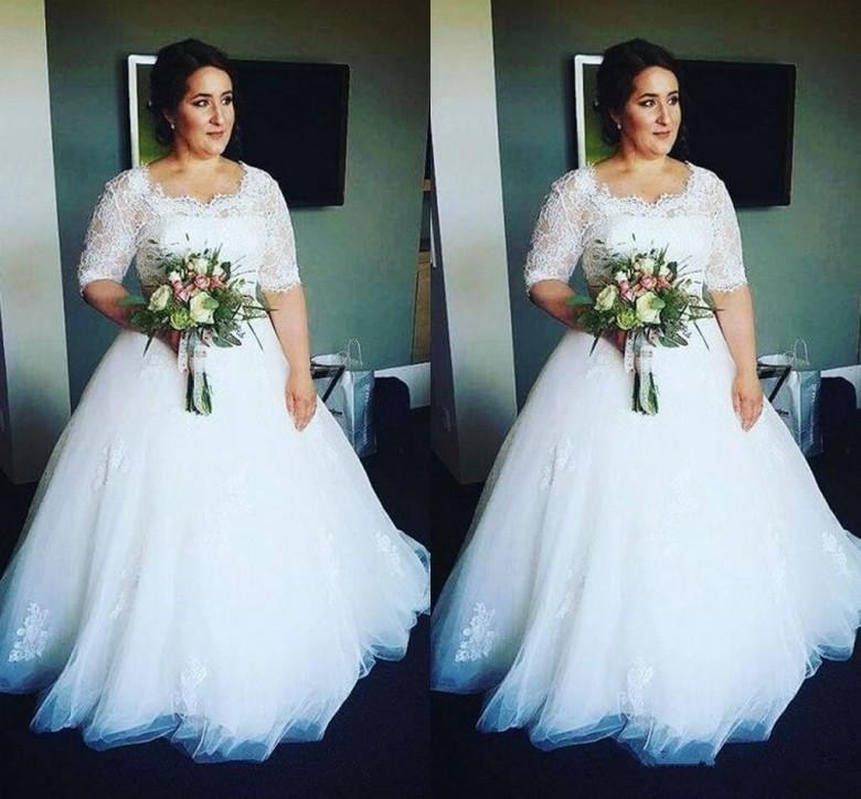 

New Plus Size A-Line Wedding Dresses With Half Sleeves Lace Applique Bridal Dress Custom Made Wedding Gowns, Champagne