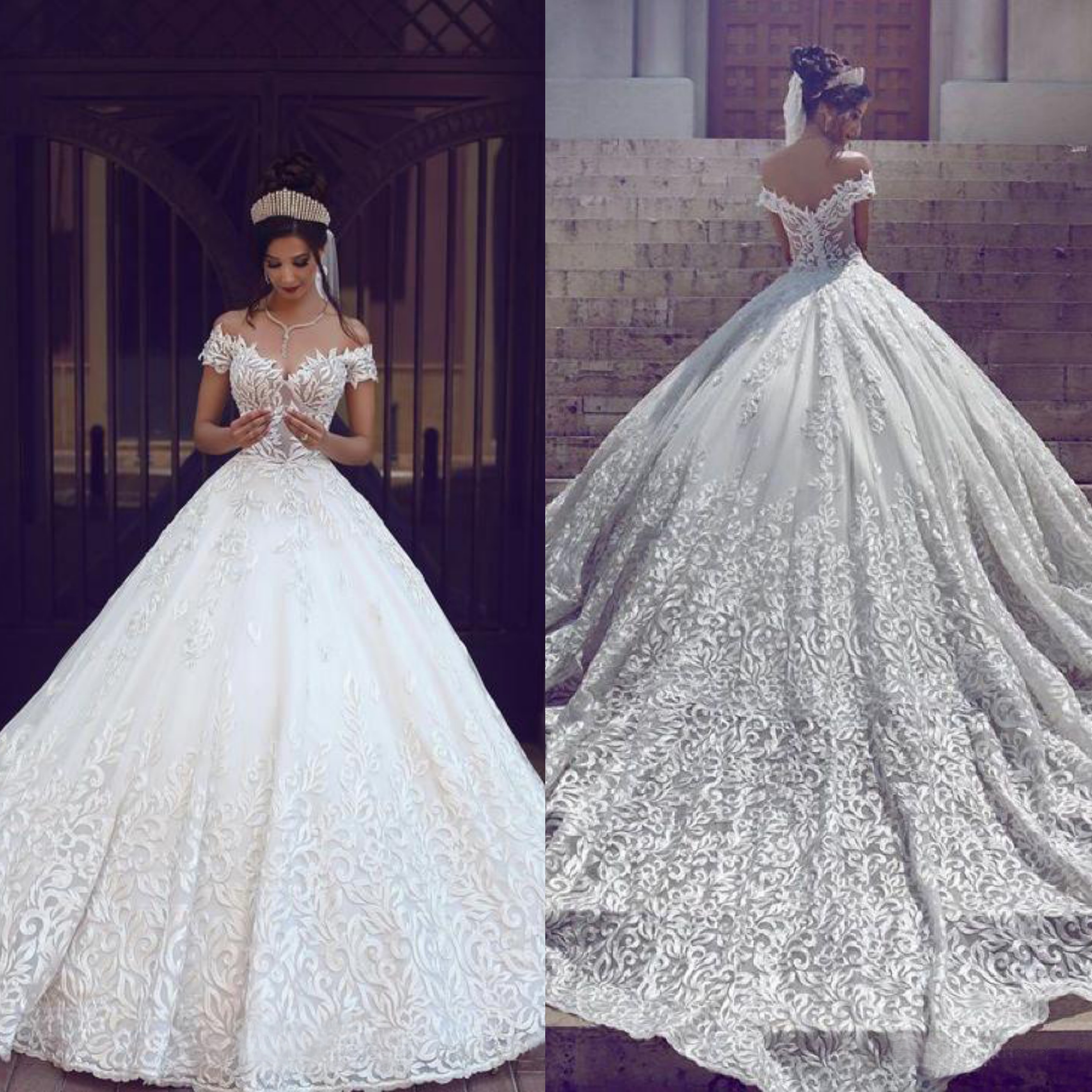 

2018 Elegant New Sexy Off-Shoulder Lace A-Line Wedding Dresses Short Sleeves Appliques Sweep Train Bridal Gowns Plus Size Custom Made Dress, Ivory
