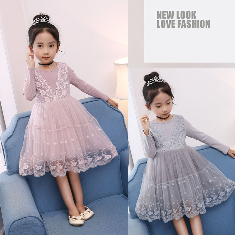

Knit Baby Girl Dresses Patchwork Spring 2021 Little Girl Fashion Clothes 2 Color Embroidered Lace Girls Long Sleeve Dress 18012103, Mix color