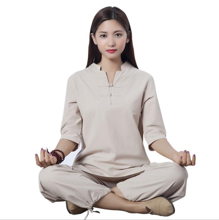 

New Design fitness outfit outdoor sport exercise Clothing cotton linen Tracksuits yoga Jacket +Pants Female meditation Kungfu Tai Chi suits, Yellow