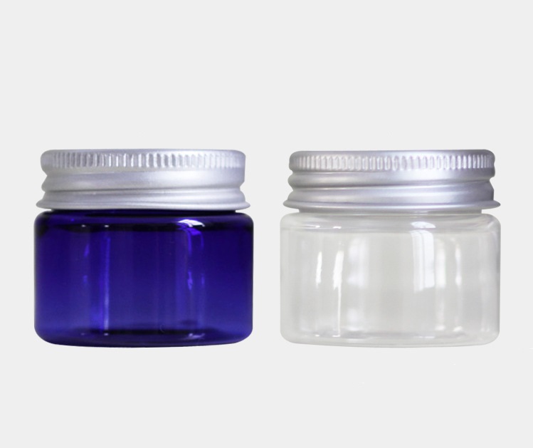 

30g Clear Blue Plastic Cream Jar 30ml Small Empty PET Bottle With Aluminum Screw Cap Cosmetic Packaging