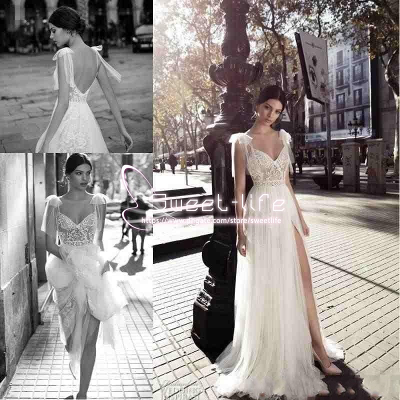 

Gali Karten Sexy Backless 2019 A line Wedding Dresses Spaghetti Lace Appliqued High Slits Bohemia Custom Made Tulle Floor length Bridal Gown, White