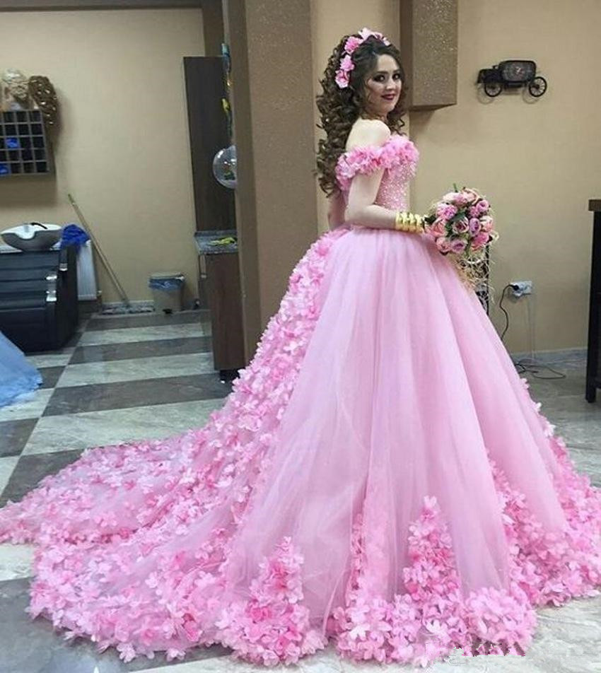 

Gorgeous Off Shoulder Gelinlik Pink Wedding Dresses Sweetheart Backless saudi arabia Bridal Gowns 3D Flowers Ball Gown vestido de noiva