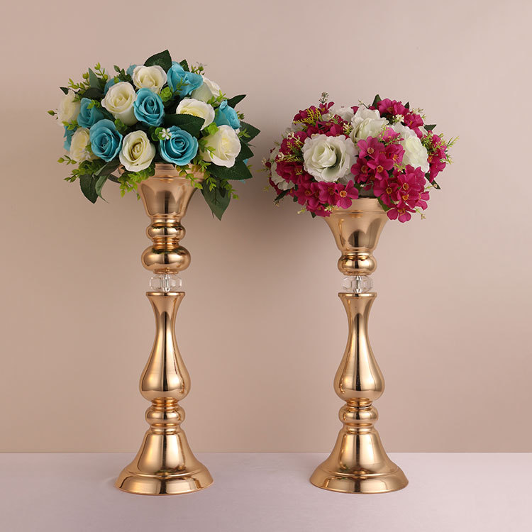 

New Arrival Gold Flower Stand Metal Crystal Flower Vase 45cm 50cm Tall Wedding Decoration Centerpiece Head Table Decor